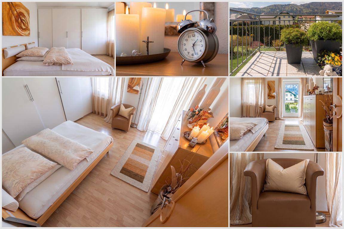 Helles Schlafzimmer mit gemütlichem Sessel und Balkonzugang.