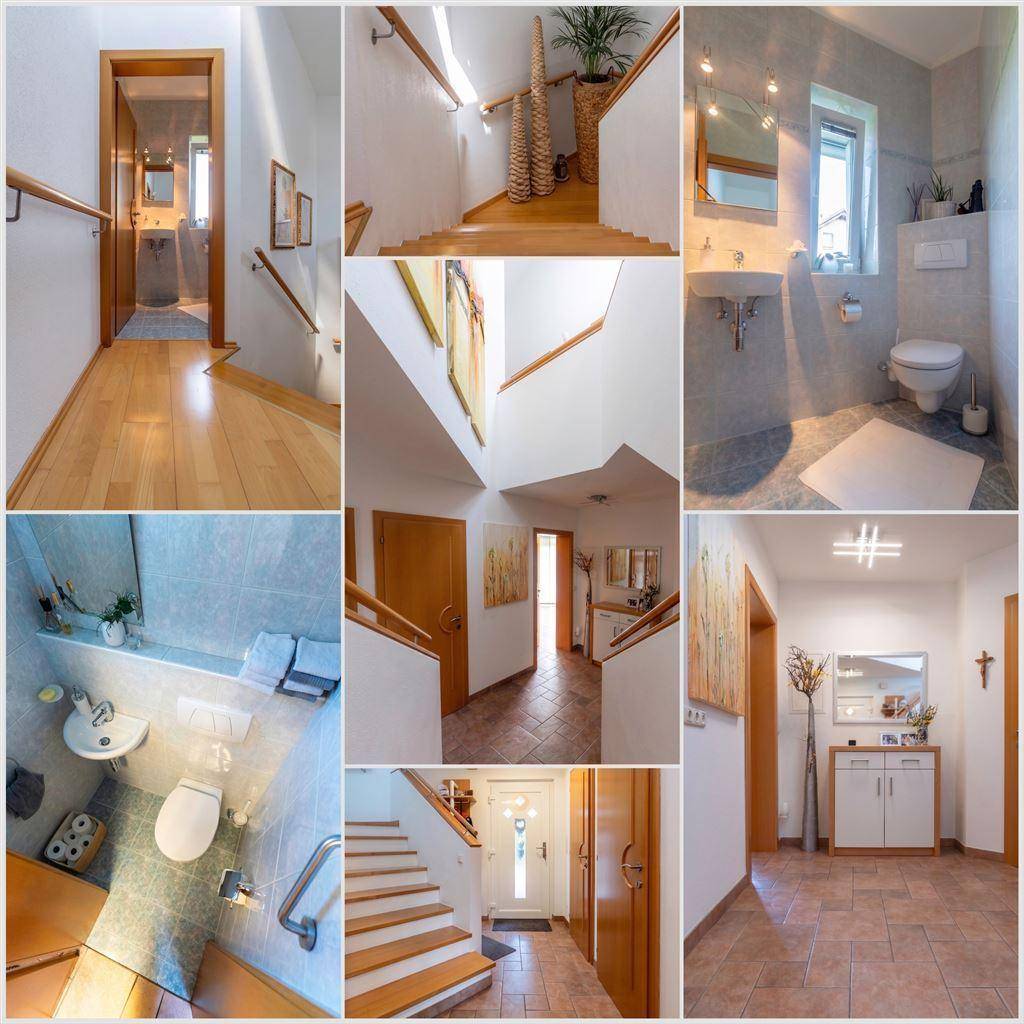 Verschiedene Innenansichten von Fluren, Treppenhaus und einem Badezimmer.