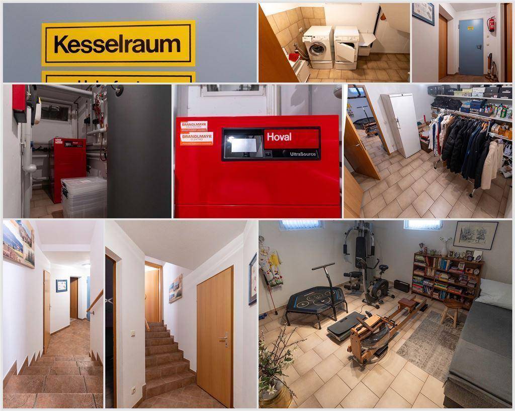 Vielfältige Ansichten des Kesselraums, Waschküche, Fitnessbereichs und Lagerraums im Untergeschoss.