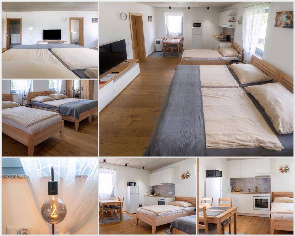 Gemütliches Studio-Apartment mit Schlafbereich, kleiner Küchenzeile und Essplatz.