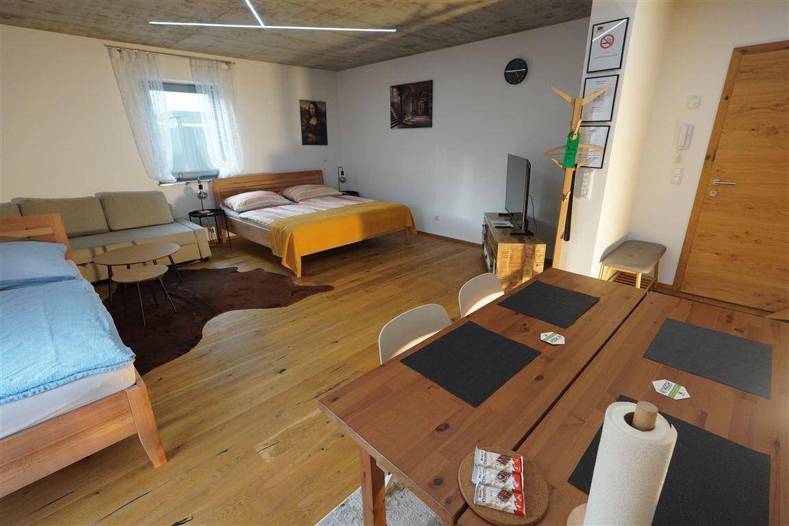 Heller Wohn- und Schlafbereich mit Holzboden, Esstisch und gemütlichem Sofa.