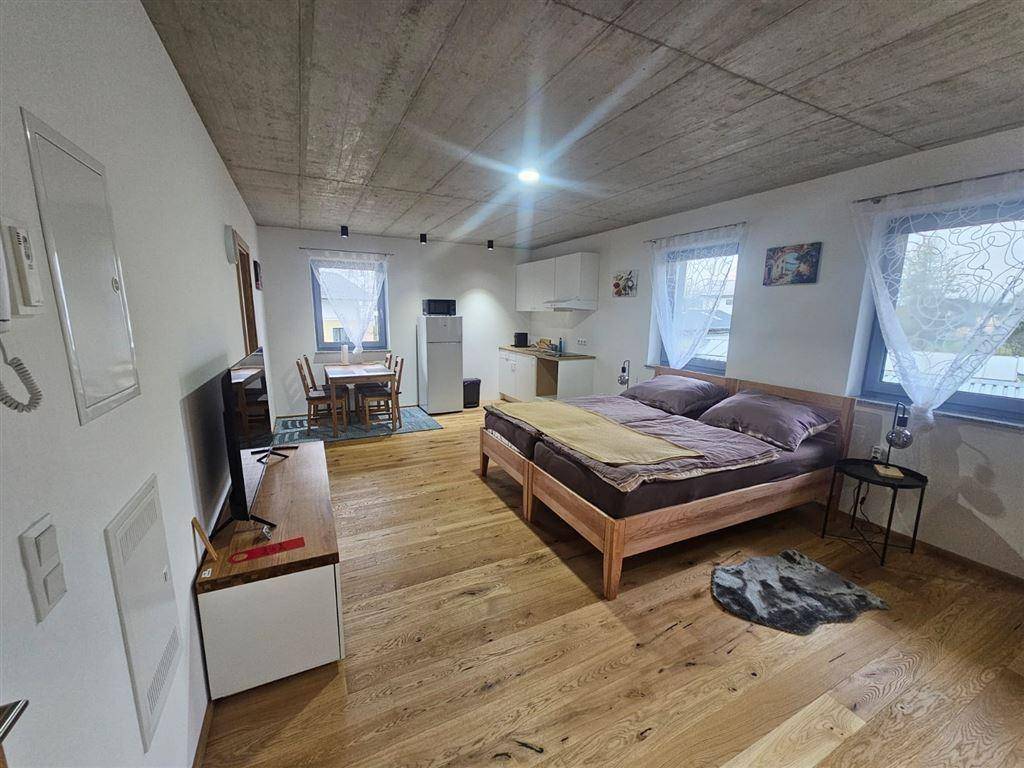 Helles Studio-Apartment mit Doppelbett, Essbereich und integrierter Küchenzeile.