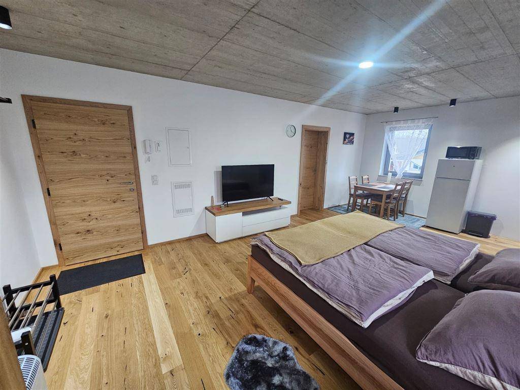 Eingangsbereich eines Studio-Apartments mit Schlafbereich und Essgelegenheit.