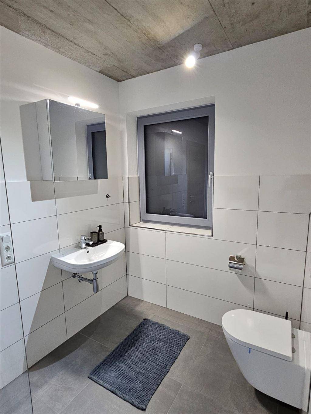 Modernes Badezimmer mit Waschbecken, wandhängendem WC und Spiegelschrank.