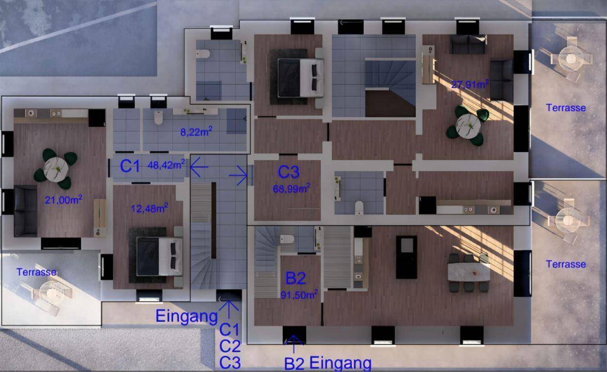 Detaillierter Grundriss mit mehreren Wohneinheiten, Terrassen und Treppenhäusern.