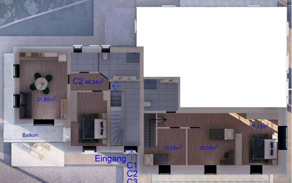 Detaillierter Grundrissplan mit Wohnbereich, Schlafzimmern, Bädern und Zugang zu einem Balkon.
