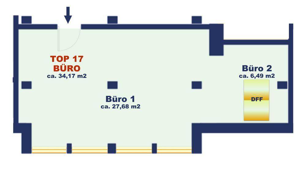 Grundrissplan zeigt drei Büroräume mit Gesamtfläche von ca. 68 m² und Eingangsbereich.