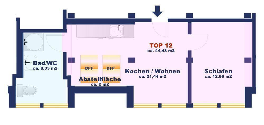 Grundriss einer Wohnung mit Bad, Abstellfläche, Wohnküche und Schlafzimmer.