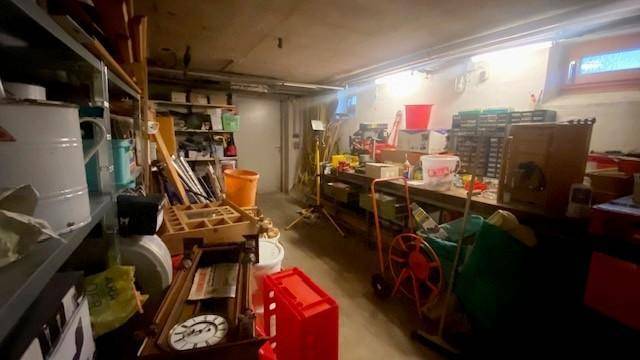 Werkstatt im Keller mit Regalen, Werkzeugen und Arbeitsbereich.
