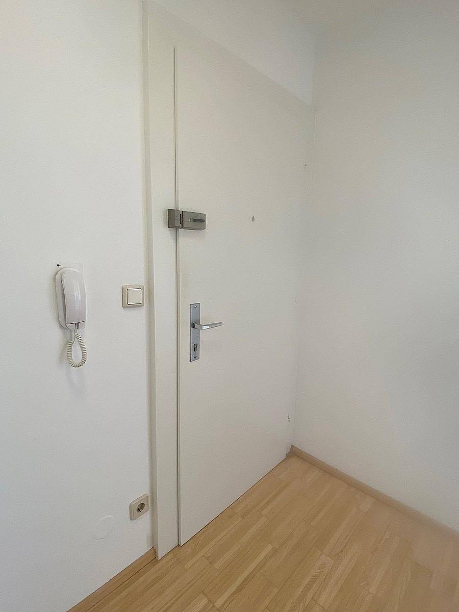 Eingangsbereich mit heller Holztür und Gegensprechanlage.
