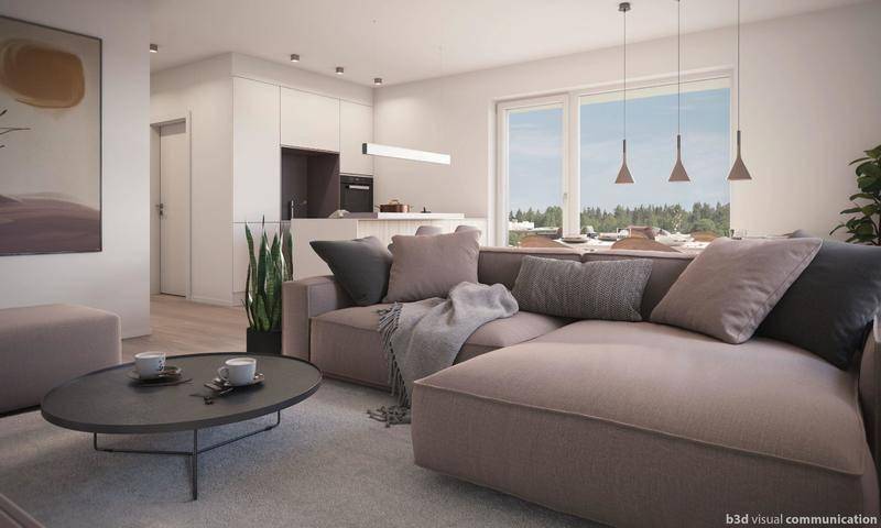 Heller Wohnbereich mit großem Sofa, Holzboden und Blick ins Grüne durch große Fenster.