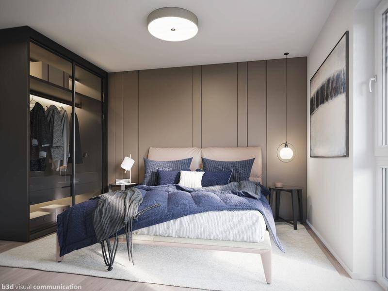 Modernes Schlafzimmer mit dunklem Einbauschrank, beiger Wandverkleidung und blauer Bettwäsche.