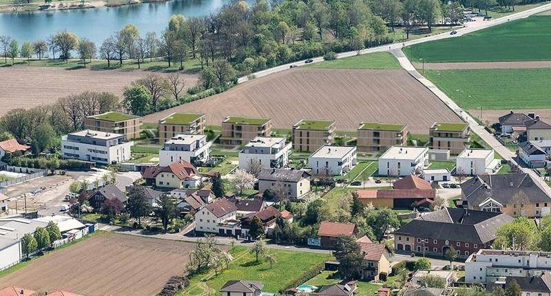 Luftaufnahme einer neuen Wohnsiedlung mit begrünten Dächern und See in der Nähe.