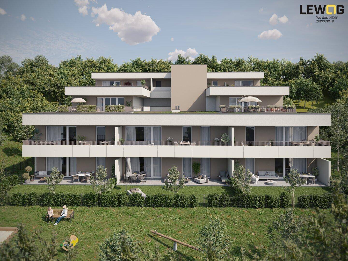 Ansicht der modernen Wohnanlage mit begrünten Außenbereichen und Terrassen.