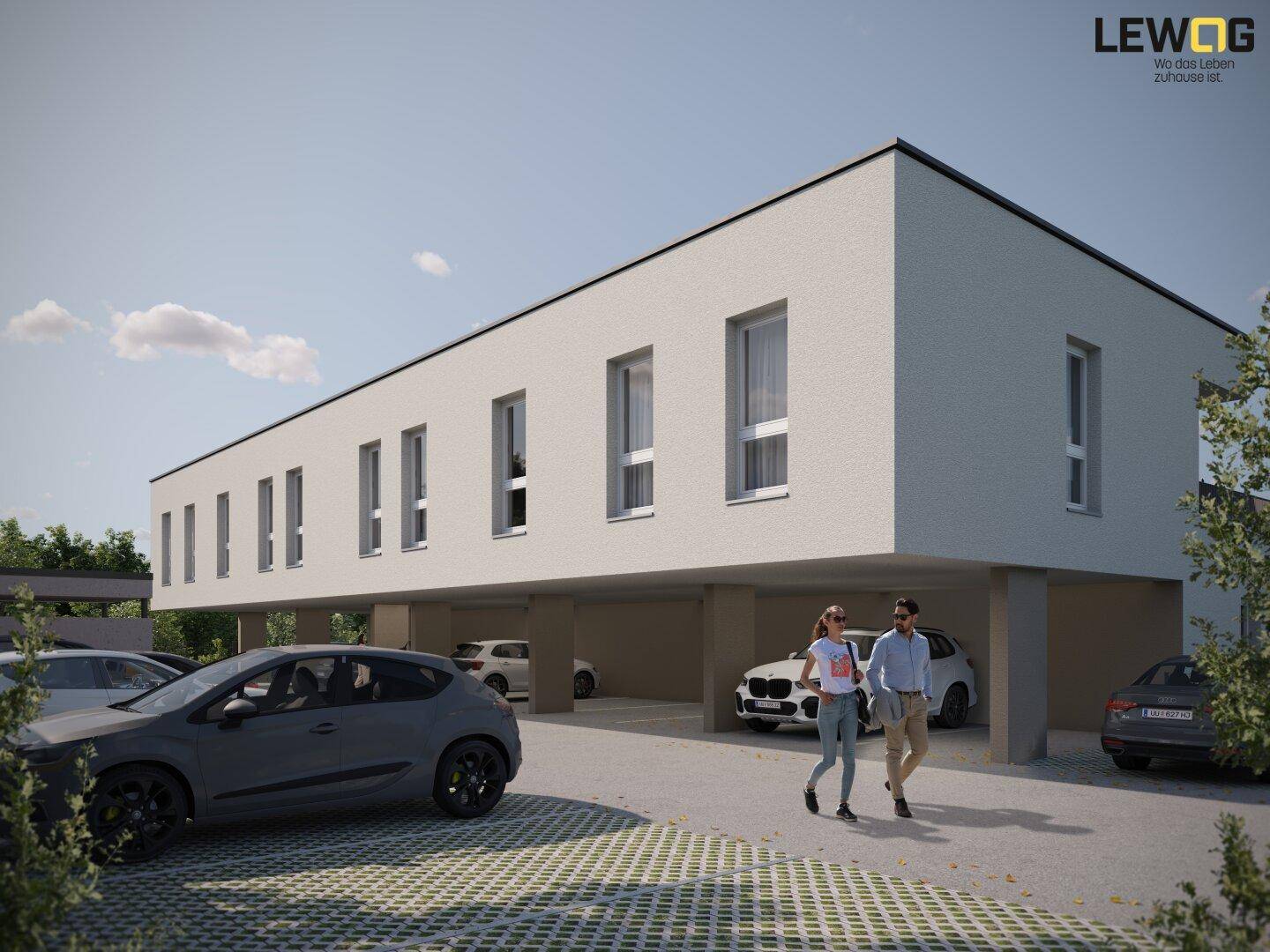 Moderne Architektur mit integrierten Parkplätzen unter dem Gebäude und großen Fenstern.
