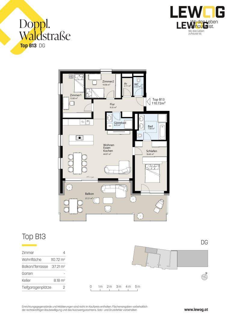 Grundriss der Wohnung Top B13 im Dachgeschoss mit vier Zimmern und Balkon/Terrasse.