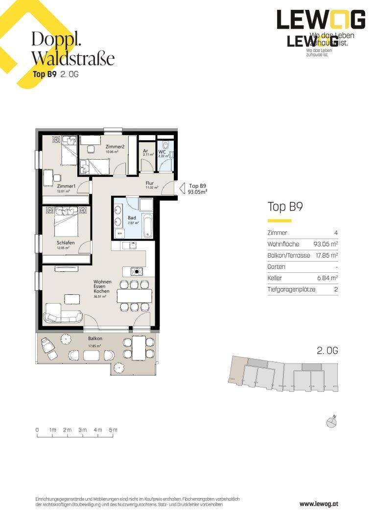 Detaillierter Grundriss der Wohnung Top B9 mit vier Zimmern und großem Balkon.
