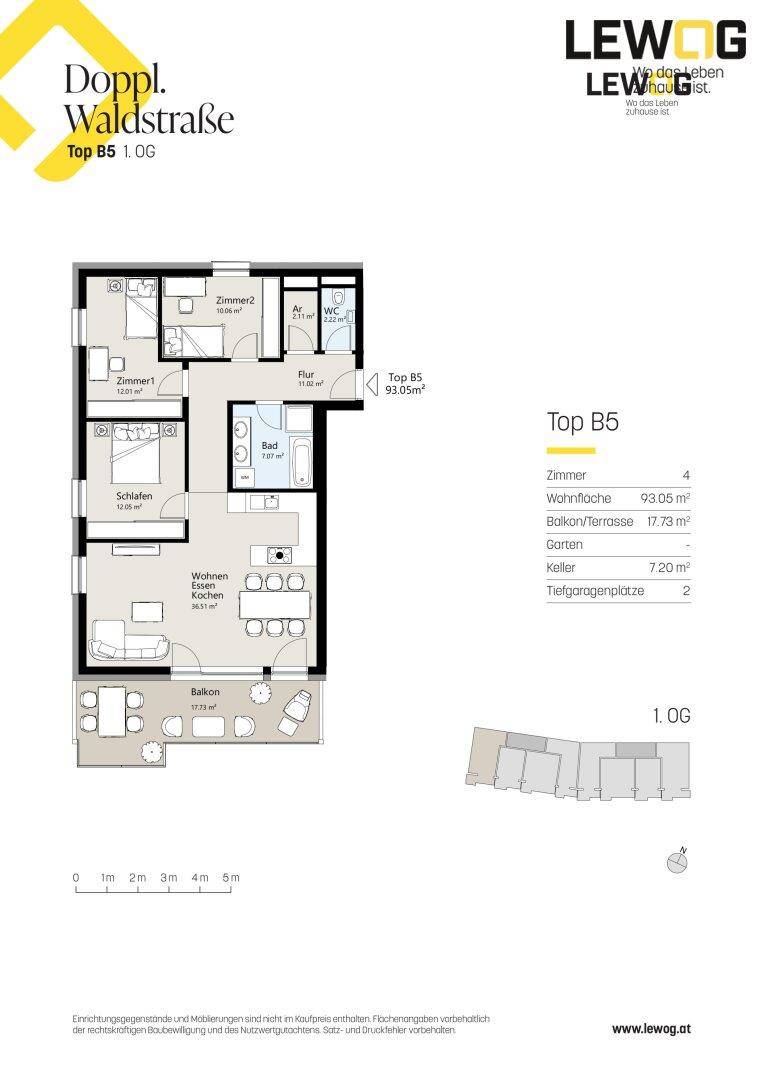 Grundriss der Wohnung Top B5 mit vier Zimmern, Balkon/Terrasse und Kellerabteil.