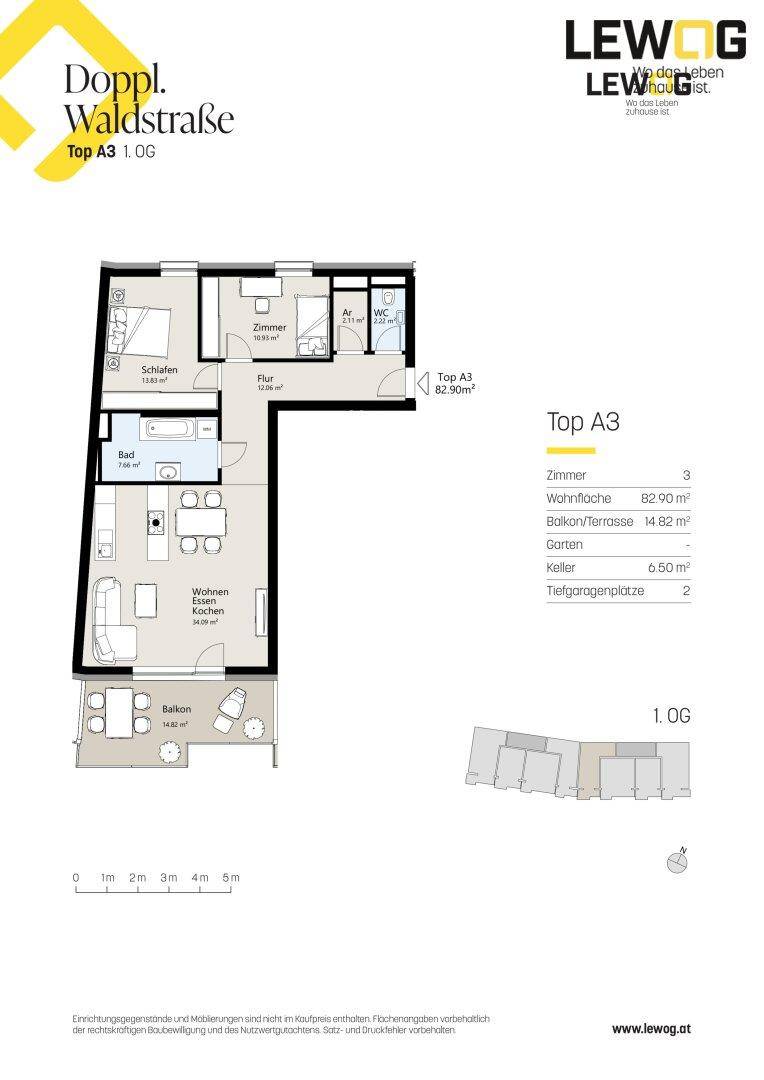 Grundriss der Wohnung Top A3 im ersten Obergeschoss mit Balkon und Gartenanteil.
