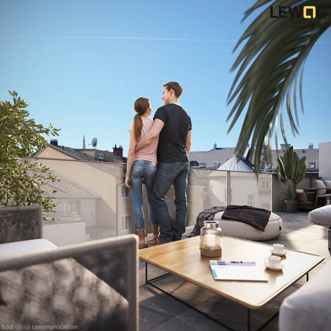 Gemütliche Dachterrasse mit Sitzgelegenheiten und Blick über die umliegenden Dächer der Stadt.
