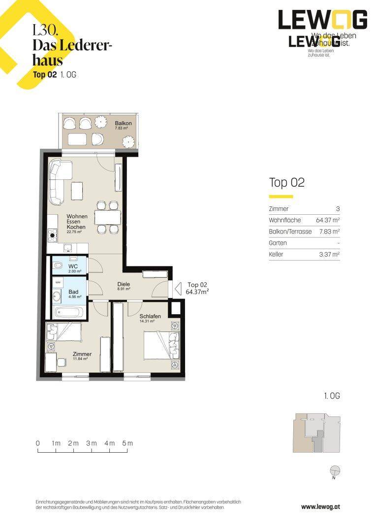 Grundriss der Wohnung Top 02 mit offenem Wohn-Essbereich, separatem Schlafzimmer und einem Balkon.