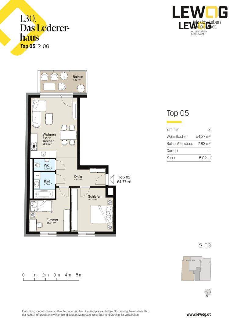 Grundriss der Wohnung Top 05 mit offenem Wohn-Ess-Kochbereich, zwei Schlafzimmern und einem Balkon.