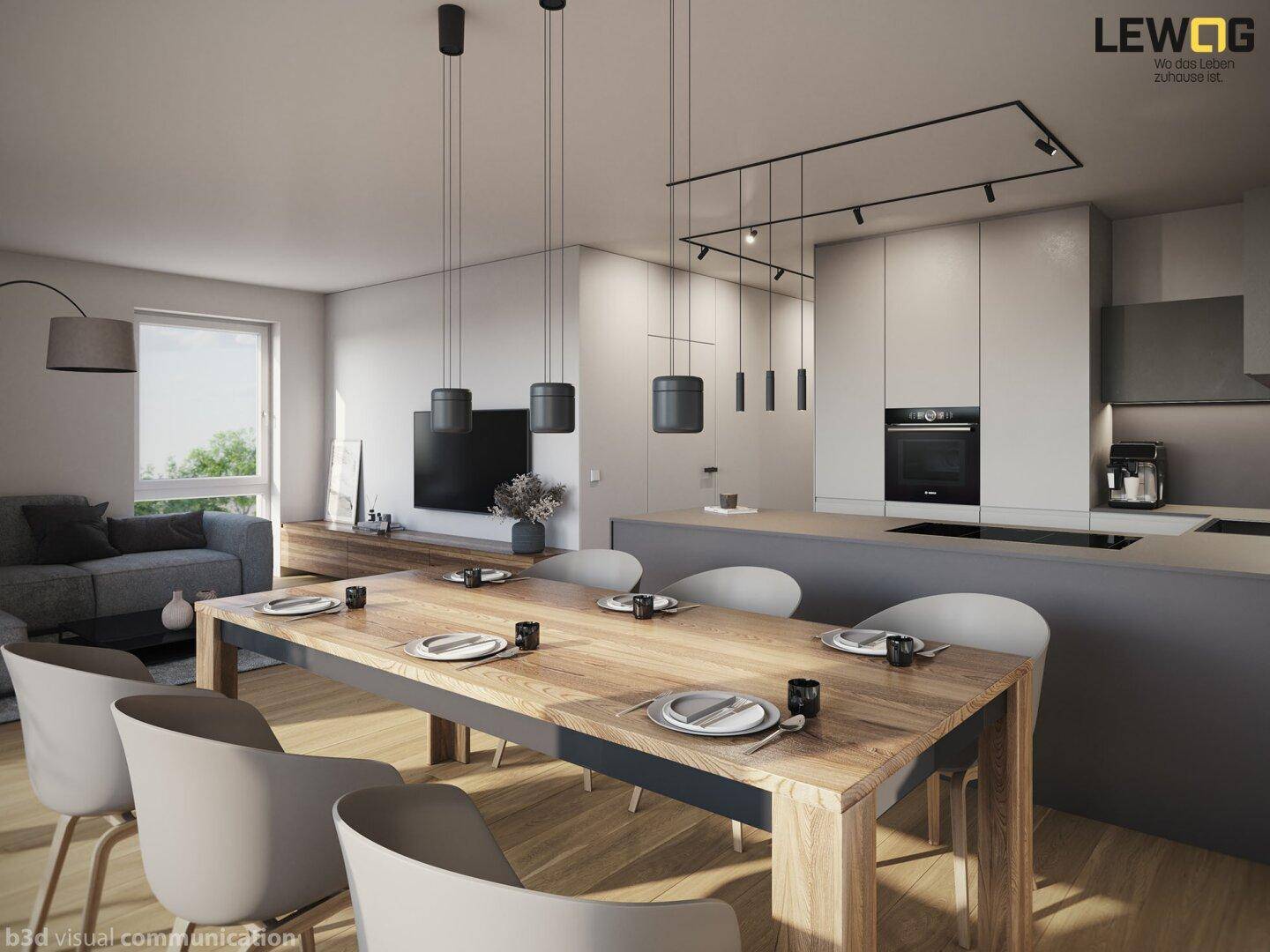 Moderne offene Wohnküche mit Essbereich, Holztisch und stilvoller Beleuchtung.