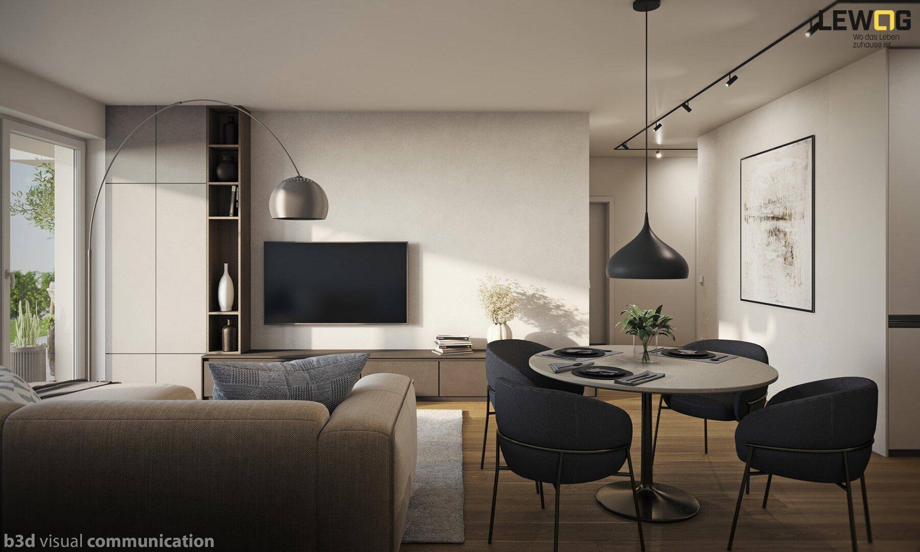 Gemütlicher Wohnbereich mit Essgruppe, großem Fernseher und Zugang zum Balkon.