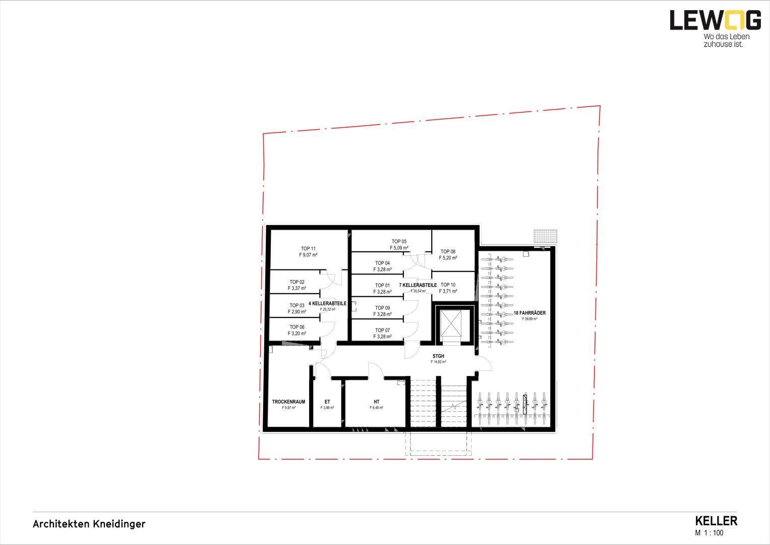 Grundriss des Kellers mit Abstellräumen, Fahrradraum und Technikbereichen.