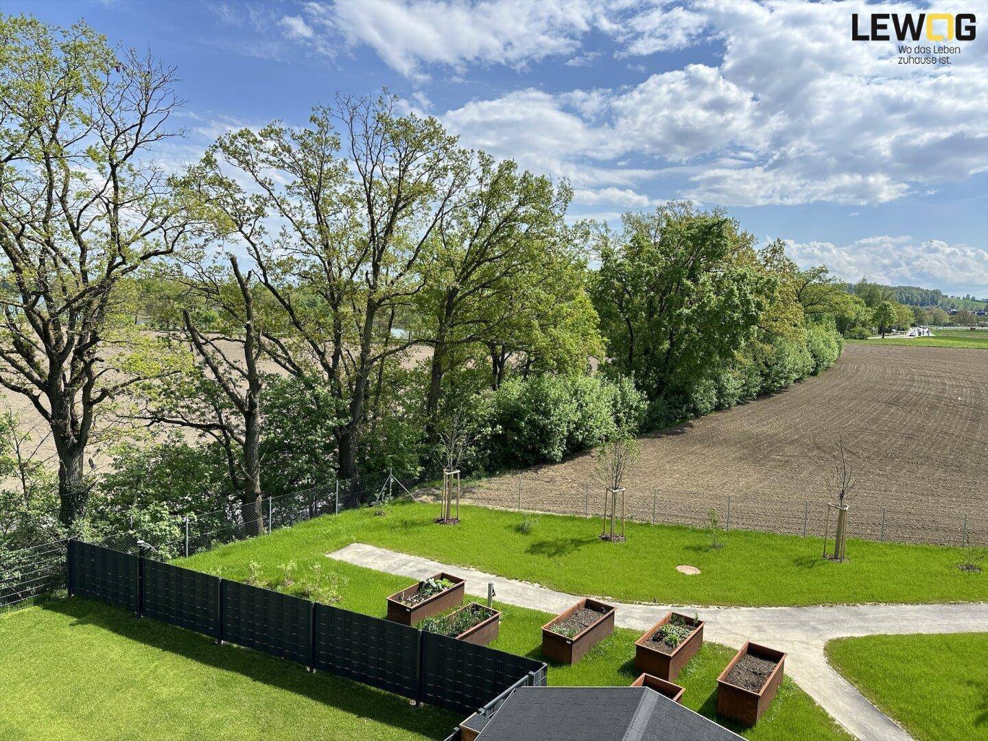 Weitläufiger Blick über grüne Felder und Bäume unter blauem Himmel.