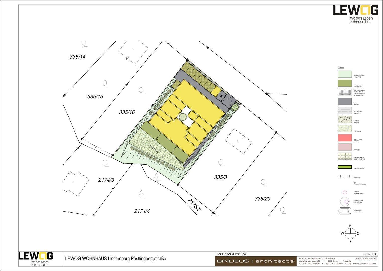 Lageplan des Grundstücks mit eingezeichnetem Neubau und umliegenden Parzellen.