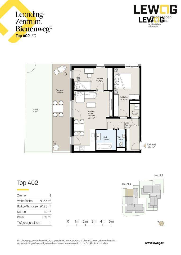 Detaillierter Grundriss einer 3-Zimmer-Wohnung mit Terrasse und Garten im Erdgeschoss.