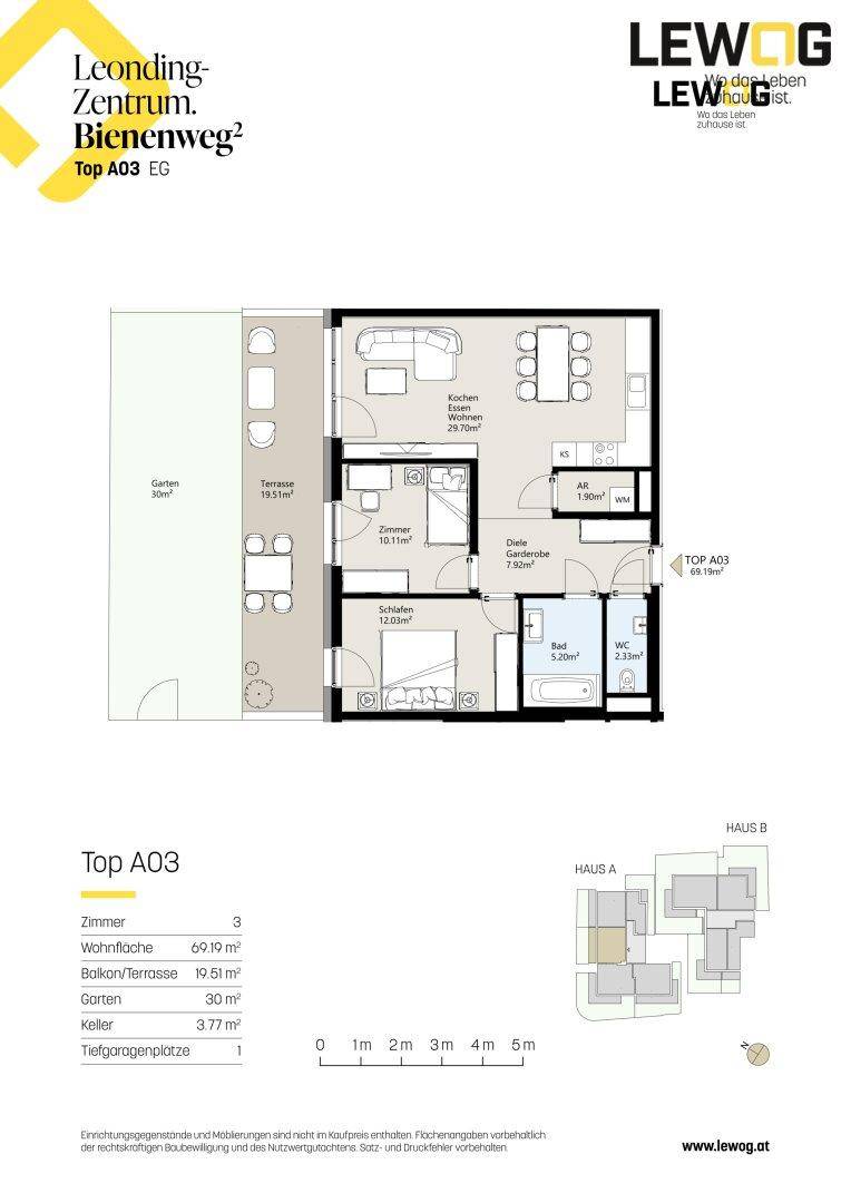 Grundriss der Wohnung Top A03 mit offenem Wohnbereich, Terrasse und Garten.