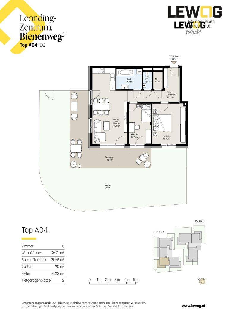 Grundriss einer Erdgeschosswohnung mit Terrasse, Garten und offenem Wohnbereich.