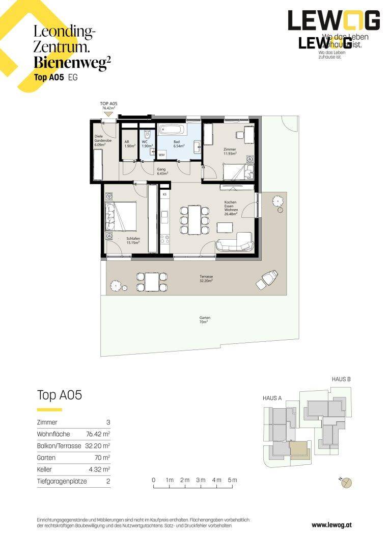 Detaillierter Grundriss der Wohnung Top A05 im Erdgeschoss mit Garten und Terrasse.