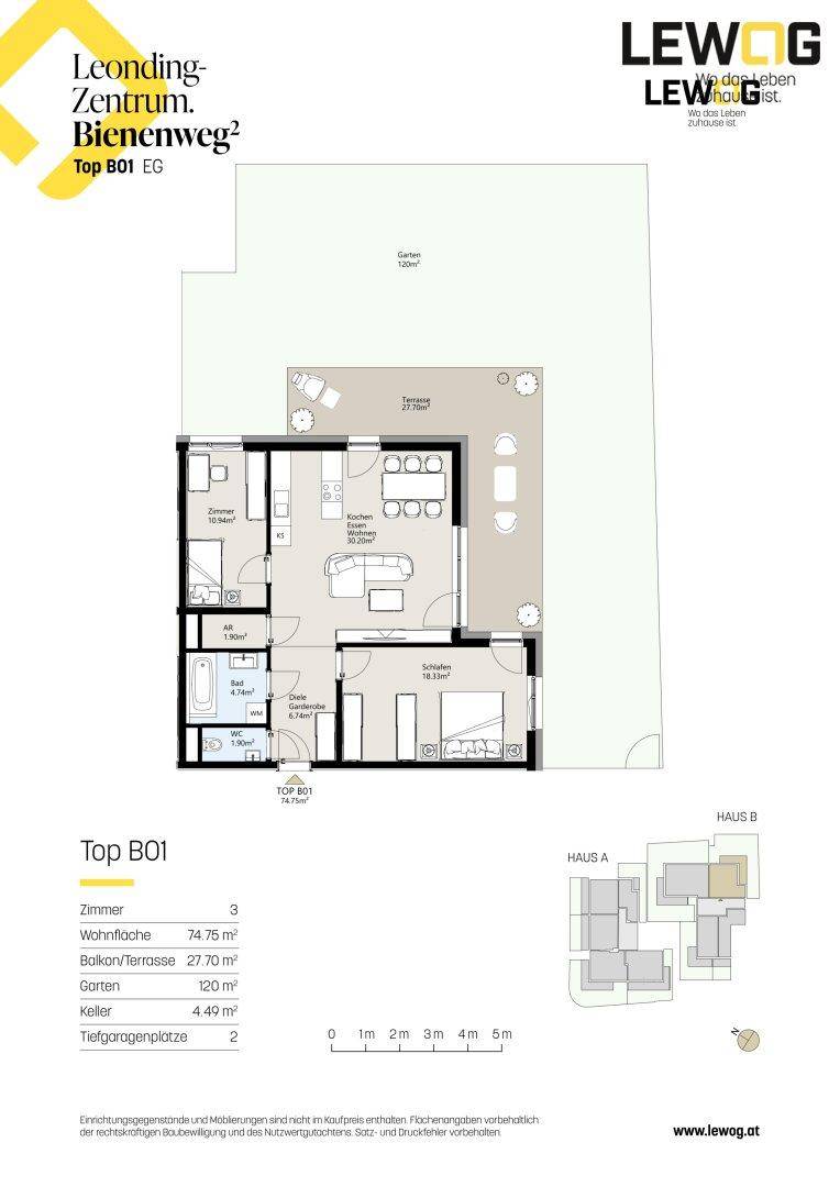 Detaillierter Grundriss der Wohnung Top B01 im Erdgeschoss mit Garten und Terrasse.