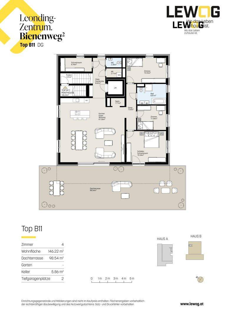 Detaillierter Grundriss der Dachgeschosswohnung Top B11 mit vier Zimmern und großer Dachterrasse.