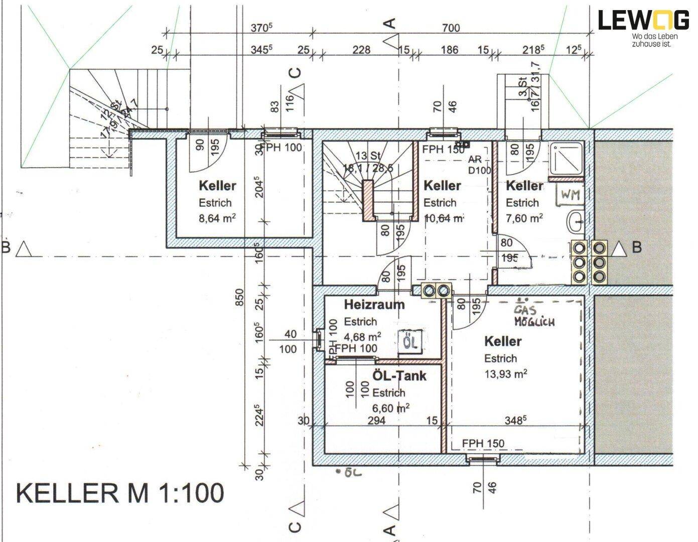 Grundriss des Kellers mit Heizraum, Öltank und mehreren Kellerräumen.