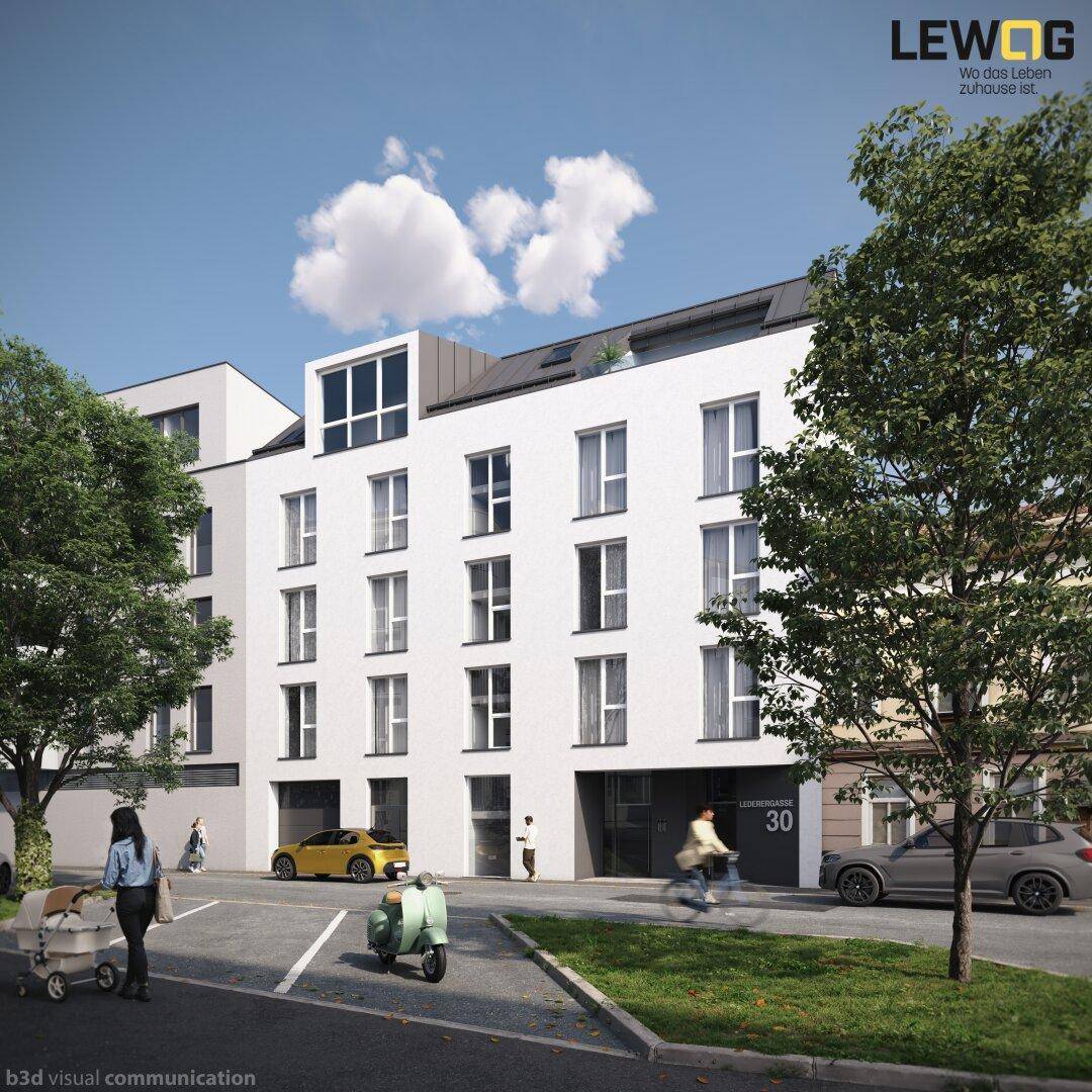 Moderne Wohnanlage mit weißer Fassade, großen Fenstern und begrüntem Außenbereich in städtischer Umgebung.