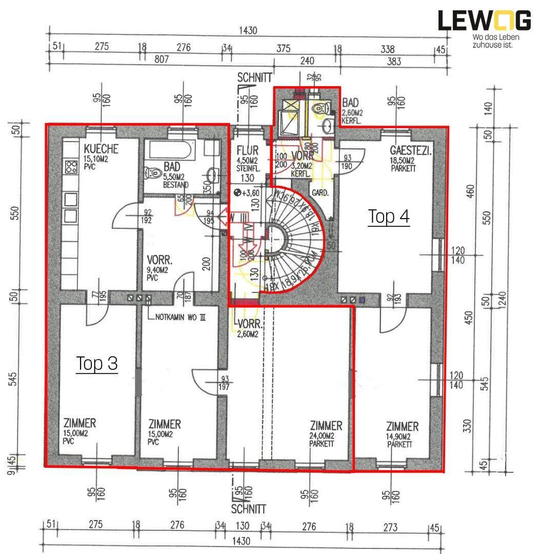 Grundriss des ersten Obergeschosses mit zwei Wohneinheiten, Küchen, Bädern und Gästezimmer.