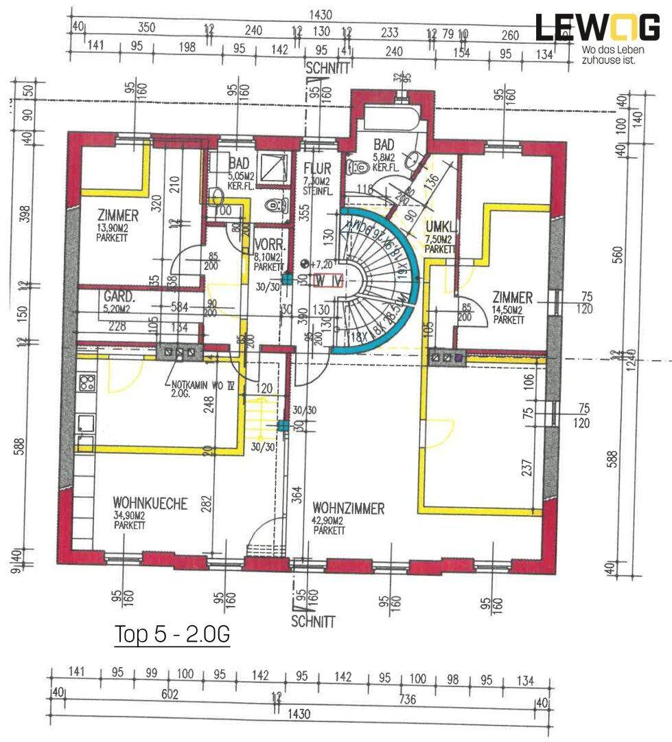 Grundriss des zweiten Obergeschosses mit großer Wohnküche, Wohnzimmer und zwei Bädern.