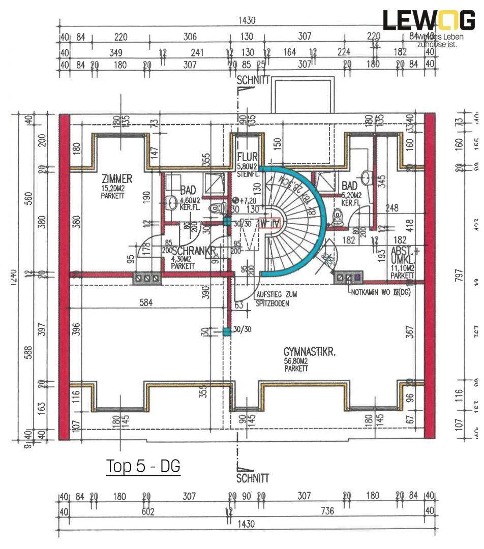Grundriss des Dachgeschosses mit großem Gymnastikraum, Schlafzimmer, zwei Bädern und Dachschrägen.