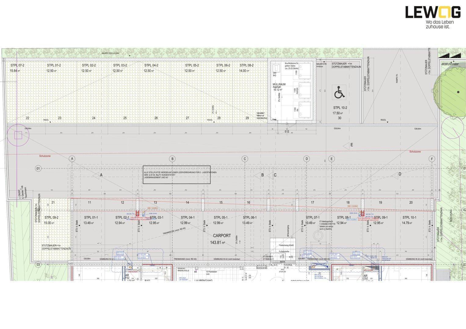 Übersichtsplan mit zahlreichen Parkplätzen, Carports und einem barrierefreien Stellplatz für das Gebäude.