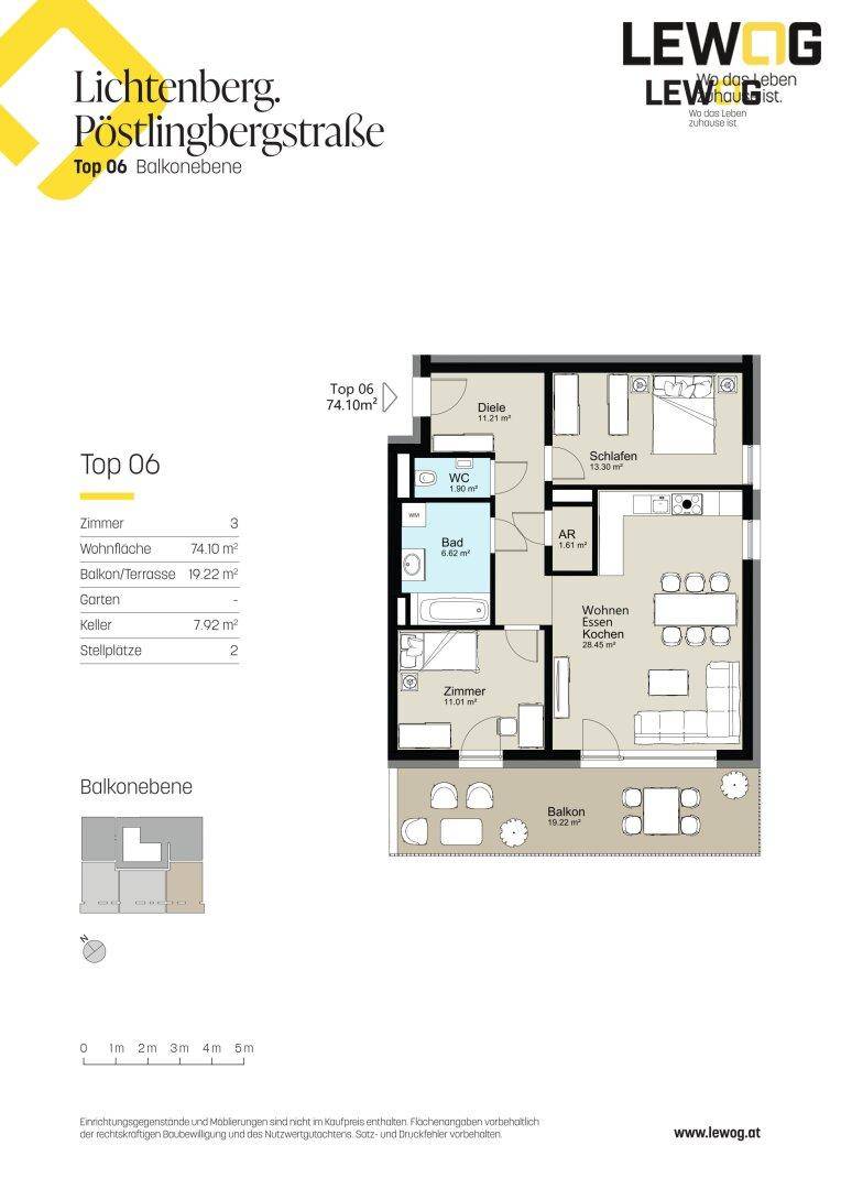 Grundriss der Wohnung Top 06 auf der Balkonebene mit 74.10 m² Wohnfläche, drei Zimmern und einem großzügigen Balkon von 19.22 m².