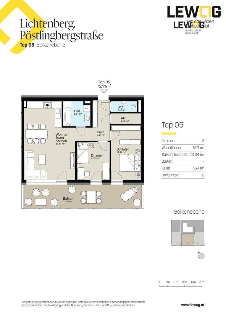 Detaillierter Grundriss der Wohnung Top 05 mit offenem Wohn-Kochbereich, einem Schlafzimmer und einem geräumigen Balkon.