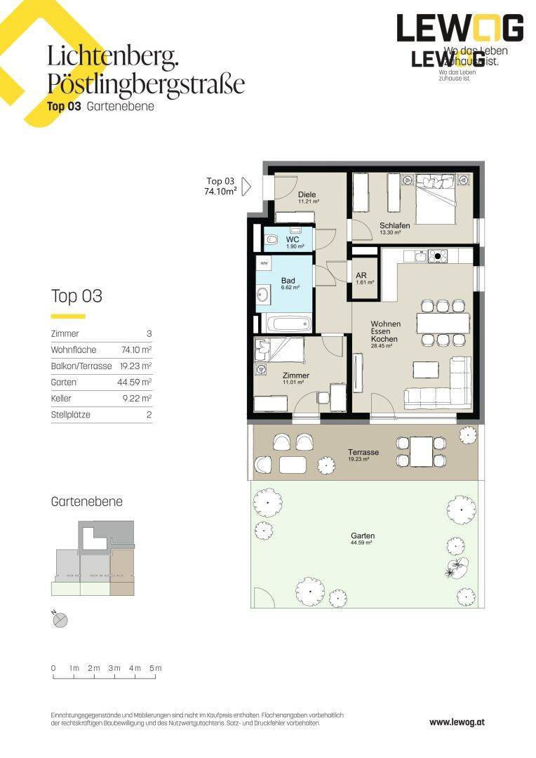 Grundriss der Gartenebene Top 03 mit Wohnfläche von 74.10 m², Terrasse und Garten.