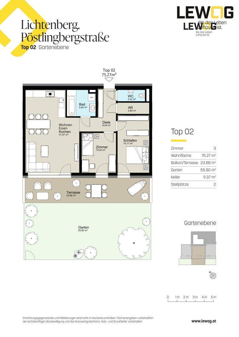 Grundriss der Gartenwohnung Top 02 mit offenem Wohn-Essbereich, zwei Schlafzimmern, Terrasse und privatem Garten.