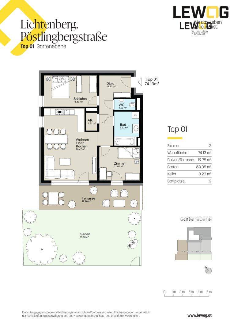 Grundriss der Top 01 Gartenwohnung mit offenem Wohn-Kochbereich, Schlafzimmer, Bad, WC, Terrasse und Garten.