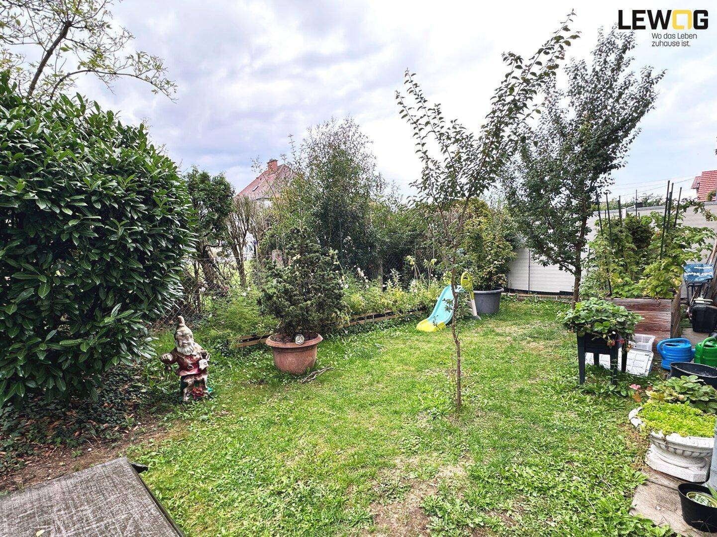 Gepflegter Gartenbereich mit Rasenfläche, verschiedenen Pflanzen und einem Gartenzwerg.