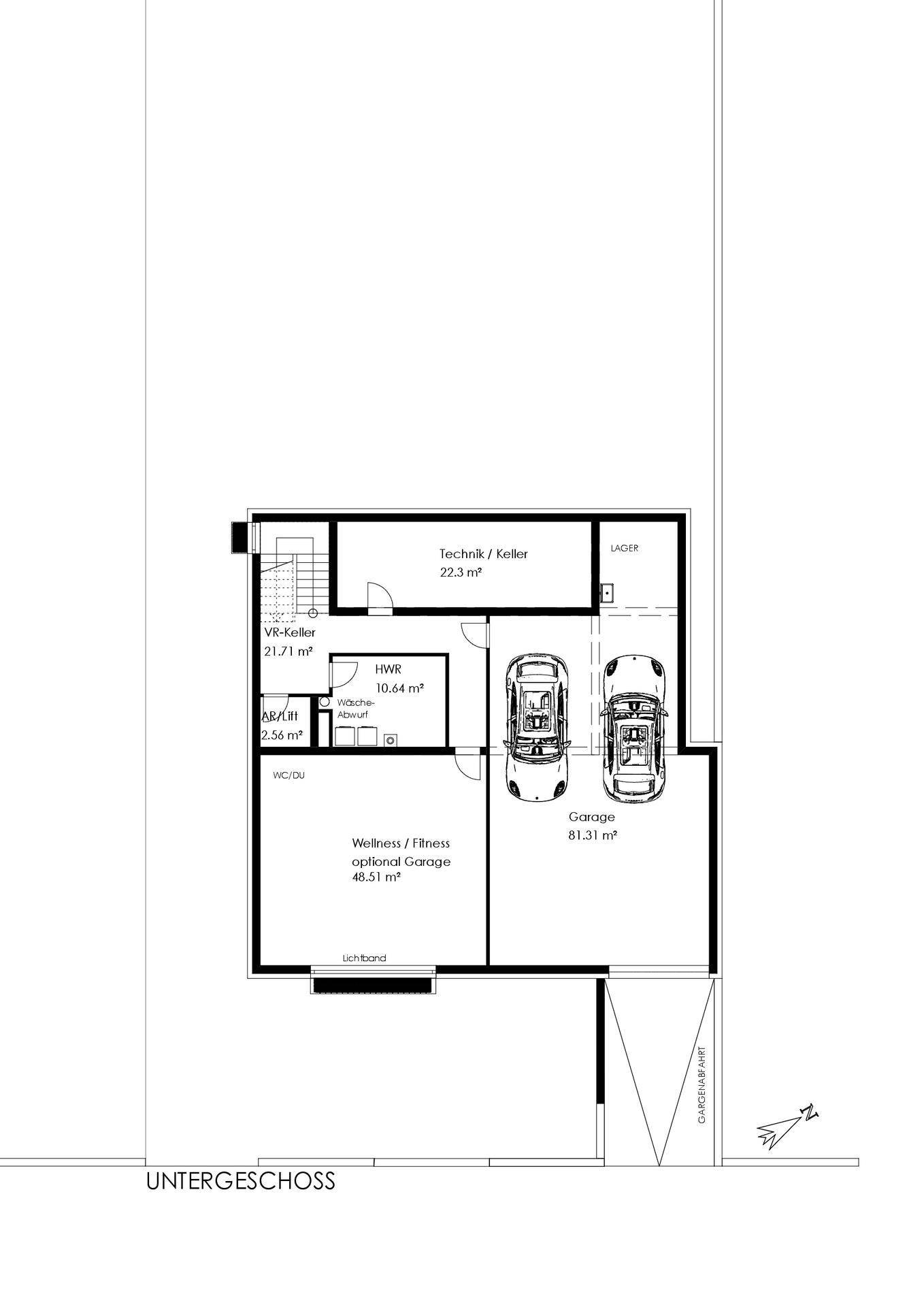 Grundriss des Untergeschosses mit Garage, Technikraum und optionalem Wellnessbereich.
